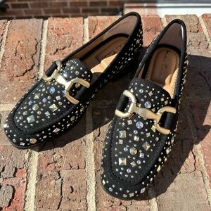 Me Too Black and Gold Studded Loafers, new never worn.